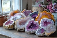 Collection of colorful amethyst and citrine geodes displayed on wooden windowsill, featuring purple and orange crystal formations with natural crystalline structures.