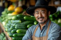 Smiling Asian farmer in wide-brimmed hat selling fresh cucumbers and produce at local market, representing sustainable agriculture and farm-to-table concept.