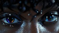 Mesmerizing close-up of dark-skinned female eyes with glowing blue sparkles and glitter makeup creating magical ethereal effect against black background.