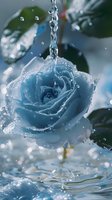Fresh water stream falling on light blue rose creating splash and droplets effect, with dark green leaves in soft focus background and water ripples below.