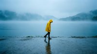 Person wearing bright yellow raincoat walking alone on wet beach at misty morning, solitude and contemplation concept for travel and lifestyle use.
