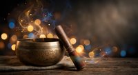 Tibetan singing bowl with wooden mallet on rustic surface creating magical golden bokeh lights and mystical atmosphere for meditation and sound healing.