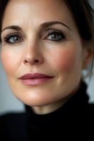 Close-up portrait of woman with green eyes wearing black turtleneck, natural makeup, and subtle smile showing confidence and warmth against soft blurred background.