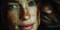 Close-up portrait of young Caucasian woman with freckles and striking green eyes in warm natural lighting for beauty and skincare concepts.