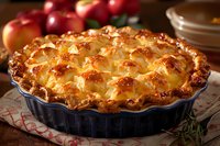 Freshly baked apple pie with golden lattice crust and caramelized edges in ceramic baking dish, surrounded by red apples on rustic wooden table. Food photography.