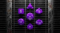 Purple polyhedral dice set suspended in air against dark metal grill background, featuring numbered faces for tabletop gaming and role-playing campaigns.