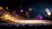 Magical glowing sparkles and light trails against dark background with purple and gold bokeh effect create festive holiday atmosphere.