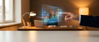 Businessman pointing at holographic financial charts and bar graphs displaying market data analysis and investment growth statistics.