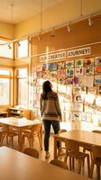 Young Caucasian female teacher stands in sunny elementary classroom admiring colorful student artwork displayed on bulletin board.