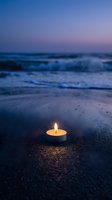 Single tea light candle glowing on wet beach sand at twilight with ocean waves and purple pink sunset sky creating peaceful meditation atmosphere.