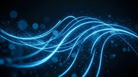 Glowing blue neon waves flow across dark background with particles and bokeh lights, suitable for tech, digital, and modern design projects.