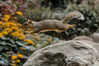 Gray squirrel leaping from rock in autumn garden with orange flowers. Wildlife action shot showcasing natural behavior and agility in outdoor setting.