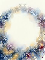 Ornate circular frame with decorative silver filigree border, watercolor gradient background in purple, blue, and gold tones, isolated on white with sparkles and stars, ready for design use.
