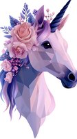 Magical unicorn head with pink roses and blue leaves in low poly style on white background, isolated design element for fantasy art and decoration.