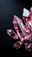 Pink crystal formation with multiple faceted points against dark background, featuring ethereal sparkles and translucent geometric shapes in rose quartz tones.