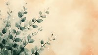 Delicate eucalyptus branches with soft green leaves against peachy watercolor background create gentle botanical composition for wedding stationery and romantic designs.