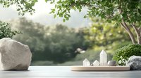 Minimalist zen garden display with white crystal quartz points and decorative stones on wooden tray against blurred natural background with green foliage.