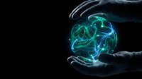 Hands protecting glowing digital brain with neural networks on black background representing artificial intelligence and mind protection concept.