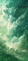 Ethereal emerald clouds swirling in dramatic patterns create atmospheric depth with light and dark contrasts, suitable for wall art and digital backgrounds.