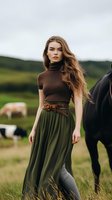 Young Caucasian woman in brown turtleneck and olive maxi skirt standing in countryside meadow with horses and cattle grazing in background, long wavy hair flowing in wind.