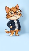 Cute cartoon cat character wearing glasses and business suit jacket on light blue background for children's books and educational materials.