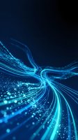Abstract blue energy waves flowing with glowing particles and light trails on dark background for digital technology and futuristic design concepts.