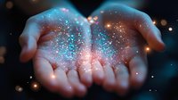 Cupped hands holding magical glowing particles and stardust with sparkling light effects against dark background for fantasy and wonder concepts.