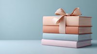 Stack of pastel colored books tied with elegant pink satin ribbon bow against soft blue background, creating minimalist composition for reading and gift concept.