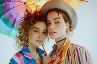 Two young women with colorful fashion posing under rainbow umbrella, wearing vibrant striped clothing and accessories for summer festival style.