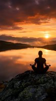 Person meditating in lotus position on rocky outcrop overlooking serene lake at golden sunrise, mountains silhouetted against dramatic orange sky with clouds reflecting in still water.