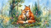 Adult fox and young fox kit sitting together in forest clearing surrounded by wildflowers, ferns, and trees. Watercolor illustration suitable for children's books, nursery decor, and educational materials.