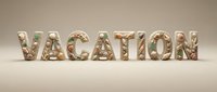 Word VACATION made of seashells and sand on beige background, summer beach holiday concept for travel banners and seasonal designs.