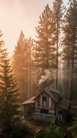 Rustic wooden cabin nestled among towering evergreen trees with smoke rising from chimney in misty forest landscape during golden hour.