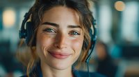 Young woman with freckles and bright blue eyes smiling while wearing headphones in a cafe with blurred background, conveying happiness and relaxation.