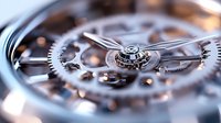 Close-up macro shot of luxury watch mechanism with gears, springs and jewels showing intricate mechanical movement in silver metallic finish.