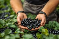 Farmer's hands holding freshly harvested black currants from garden, surrounded by green leaves and ripe berries, showcasing organic farming and fresh produce.