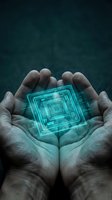 Hands holding glowing turquoise circuit board chip with nested square patterns against dark background, representing technology innovation, artificial intelligence, and digital transformation in business.