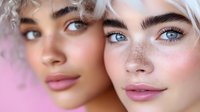 Close up portrait of two young women with platinum blonde hair and natural makeup against pink background, showcasing freckles and blue eyes in beauty concept.