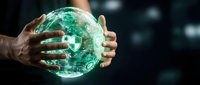 Hands protecting glowing green digital sphere with cybersecurity shield symbol representing data protection and network security technology.