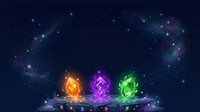 Glowing crystal gems in orange, purple, and green emit magical light against starry night sky backdrop. Perfect for fantasy, gaming, and mystical design projects.