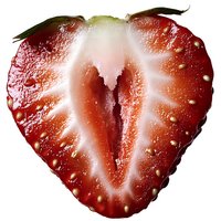 Fresh ripe strawberry half showing detailed inner texture and seeds against white background, macro photography view for food and culinary designs.