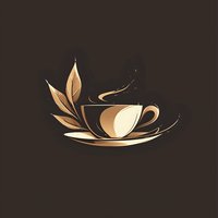 Elegant golden coffee cup with steam and decorative leaves on dark background, minimalist line art style for cafe and restaurant branding.