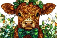 Highland cow calf wearing green bow tie and floral crown with yellow flowers, surrounded by green leaves and orange fruits, artistic illustration style.