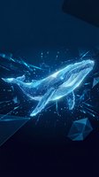 Digital whale made of glowing blue polygonal mesh with light rays and particles on dark background for technology and marine conservation concepts.