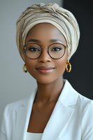 Professional African American businesswoman wearing beige headwrap and glasses in white blazer, confident corporate portrait for business and career content.