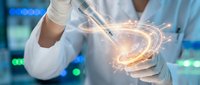 Scientist in white lab coat holding glowing digital energy sphere with light trails in modern laboratory setting for technology and innovation concepts.