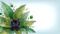 Adorable black kitten peeking through lush green foliage with decorative swirls on soft gradient background for pet and nature themed designs.