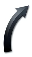 Black curved arrow pointing upward and right isolated on white background for business presentations and infographic design elements.
