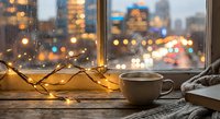 Cozy evening scene with warm coffee cup, glowing fairy lights and city bokeh through rainy window. Perfect for relaxation and comfort themes.