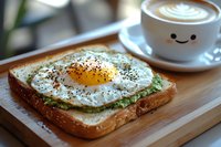 Sunny side up egg on avocado toast with black pepper seasoning served on wooden board, accompanied by cute kawaii latte cup with smiley face design.